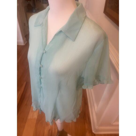 NOTATIONS sheer TURQUOISE RUFFLED button up top womens size large - Picture 7 of 8